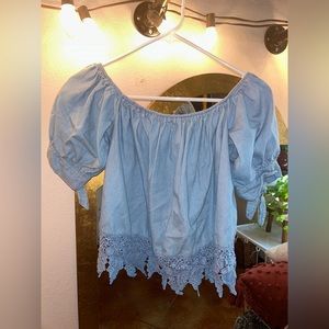 Cropped denim off the shoulder shirt!